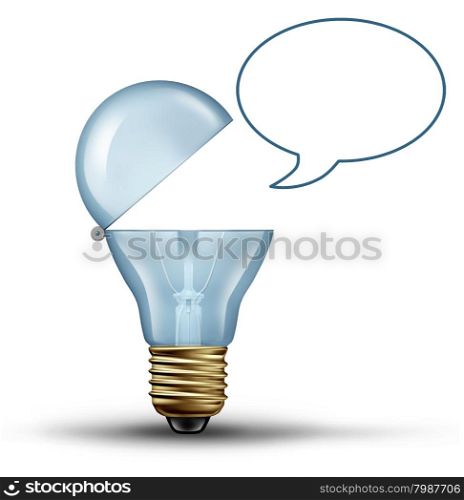 Idea communication concept as a lightbulb with an open mouth talking wth a blank speech bubble as a creative symbol for communicating innovative thinking through the use of marketing and social media on a white background.