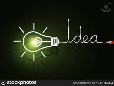 Idea concept. Abstract image with drawn light bulb on green background