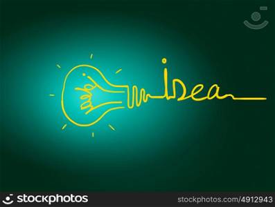 Idea concept. Abstract image with drawn light bulb on green background