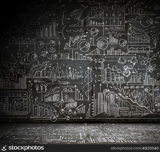 Idea concept. Background conceptual image with business sketches on cement wall