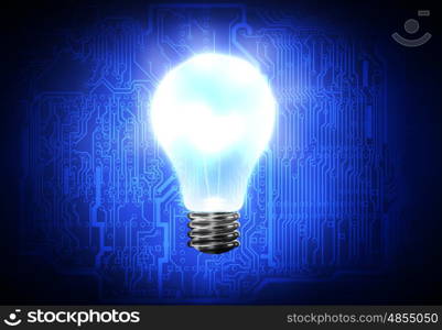 Idea concept. Background image with bright light bulb against cement wall