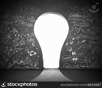 Idea concept. Business plan sketch on black wall. Idea concept