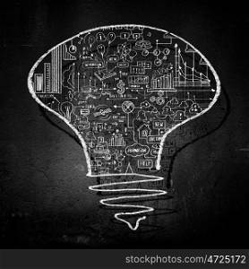 Idea concept. Conceptual image of light bulb on black wall