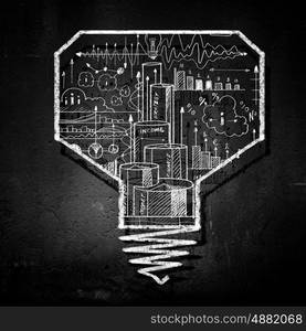 Idea concept. Conceptual image of light bulb on black wall