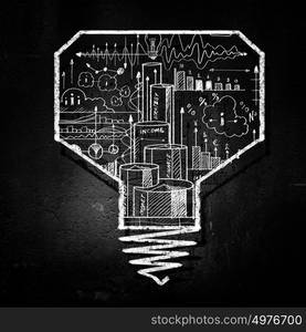 Idea concept. Conceptual image of light bulb on black wall