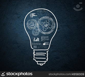 Idea concept. Conceptual image with light bulb and cogwheels on blue backdrop