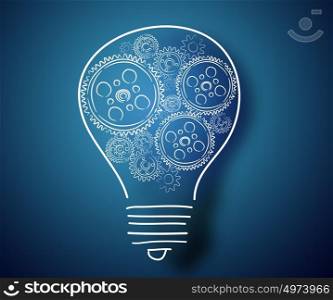 Idea concept. Conceptual image with light bulb and cogwheels on blue backdrop