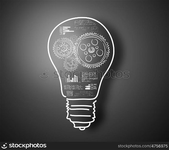 Idea concept. Conceptual image with light bulb and cogwheels on gray backdrop