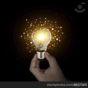 Idea concept with innovative technology, Brainstorming creativity, idea thinking with Young Asian Businessman holding light bulbs symbol