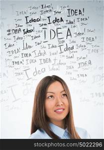 Idea concept. Young business woman with idea signs in front
