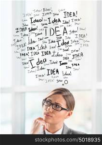 Idea concept. Young business woman with idea signs overhead