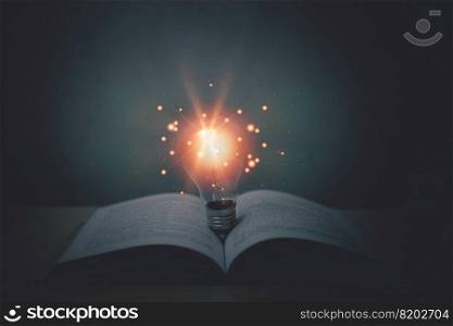 Idea creativity innovation inspiration strategy solution success business concept. light bulb on book at table.