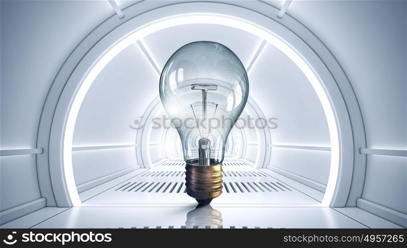 Idea for interior design. Modern 3d interior design with glass light bulb in center