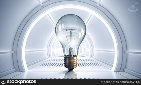 Idea for interior design. Modern 3d interior design with glass light bulb in center