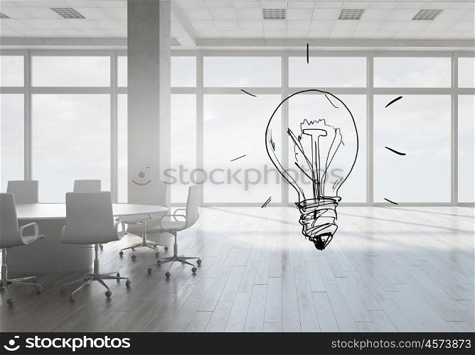 Idea for office design. White elegant office interior and light bulb 3d render