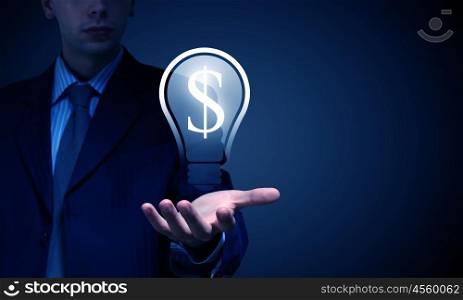 Idea for your income. Close view of businessman in suit holding dollar sign in palm