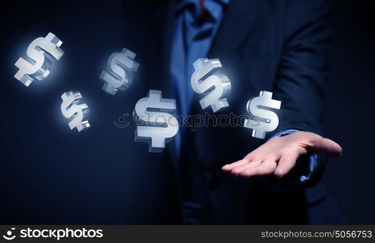 Idea for your income. Close view of businessman in suit holding dollar sign in palm