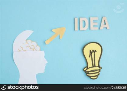 idea light bulb with open brain head blue background