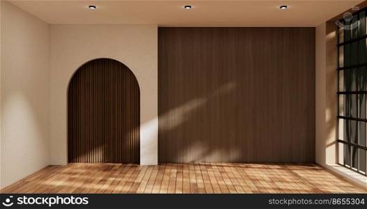 Idea of empty room interior zen style floor wooden on white empty wall.3D rendering
