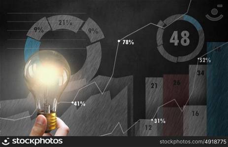 Idea of financial growth. Male hand holding light bulb on background of diagrams and graphs