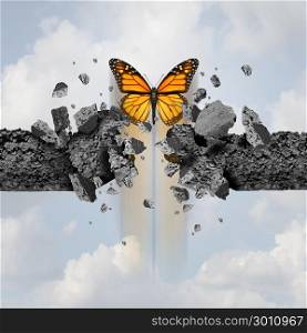 Idea of strength and unstoppable power concept as a butterfly breaking through a cement wall in a 3D illustration style.