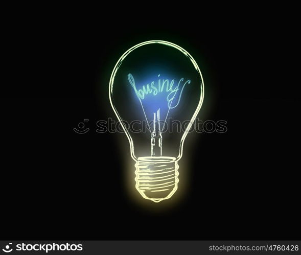 Idea of success. Glowing light bulb on dark background with word inside