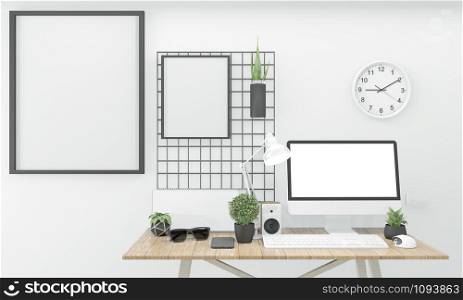 Idea of wooden comfortable office and decoration on white room zen style.3D rendering