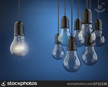 Idea or leadership concept. Group of light bulbs on the blue background. 3d