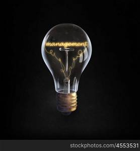 Ideas for business. Glowing glass light bulb with management word inside