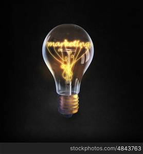 Ideas for business. Glowing glass light bulb with marketing word inside