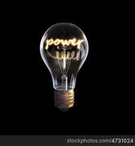 Ideas for business. Glowing glass light bulb with power word inside