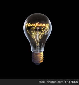 Ideas for business. Glowing glass light bulb with word company inside
