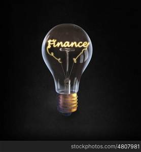 Ideas for business. Glowing glass light bulb with word finance inside