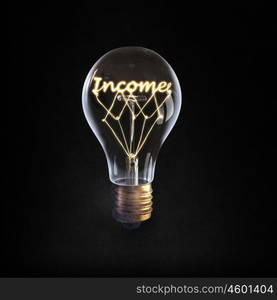 Ideas for business. Glowing glass light bulb with word income inside