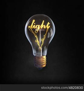 Ideas for business. Glowing glass light bulb with word light inside