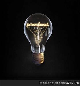 Ideas for business. Glowing glass light bulb with word product inside