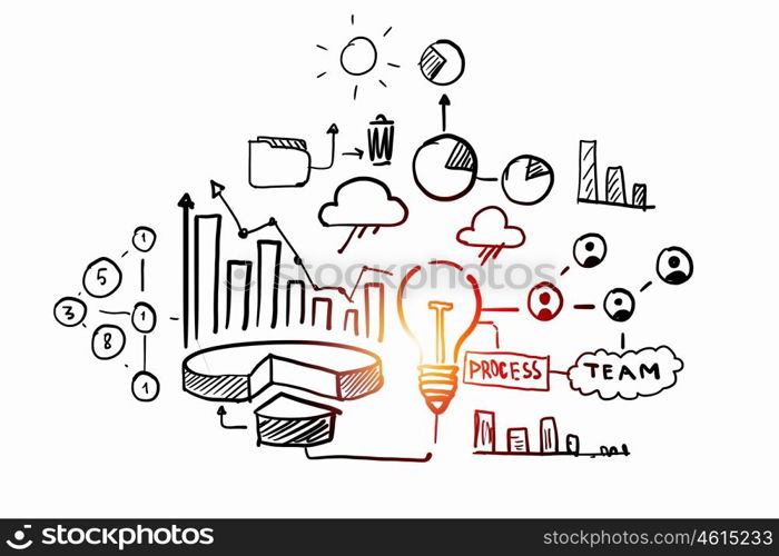 Ideas for success achieving. Business ideas sketch image on white background