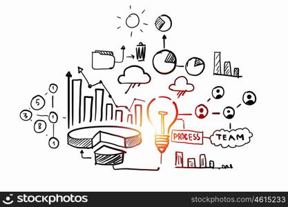 Ideas for success achieving. Business ideas sketch image on white background