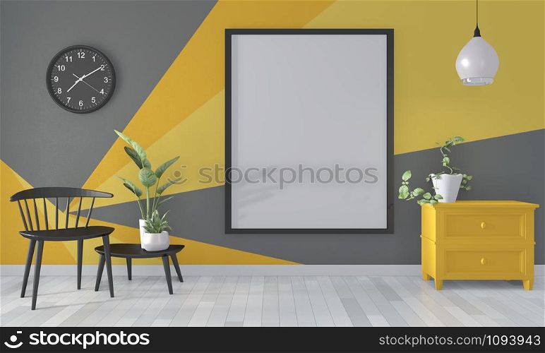Ideas of black and yellow room Geometric Wall Art Paint Design color full style on wooden floor.3D rendering