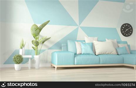 Ideas of light blue and white living room Geometric Wall Art Paint Design color full style on wooden floor.3D rendering
