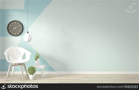 Ideas of light blue and white living room Geometric Wall Art Paint Design color full style on wooden floor.3D rendering