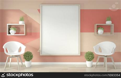 Ideas of living coral living room Geometric Wall Art Paint Design color full style on wooden floor.3D rendering