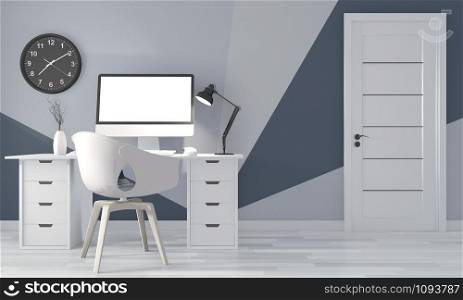 Ideas of office room blue Geometric Wall Art Paint Design color ful on wooden floor.3D rendering