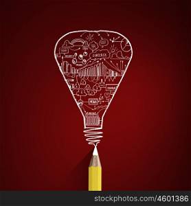 Ideas outline. Idae concept image with pencil drawing light bulb