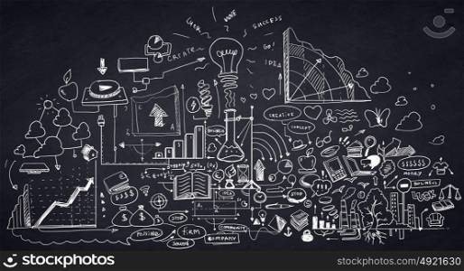 Ideas sketch. Background image with business sketches on dark backdrop