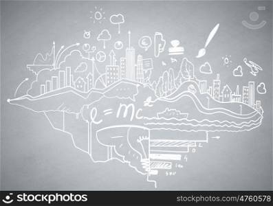 Ideas sketch. Background image with business sketches on grey backdrop