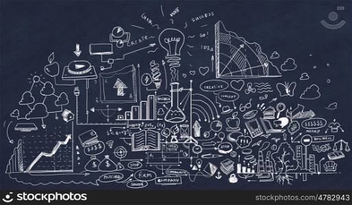Ideas sketch. Background image with business sketches on grey backdrop