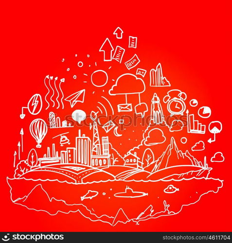 Ideas sketch. Background image with business sketches on red backdrop