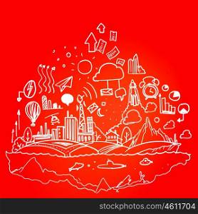 Ideas sketch. Background image with business sketches on red backdrop
