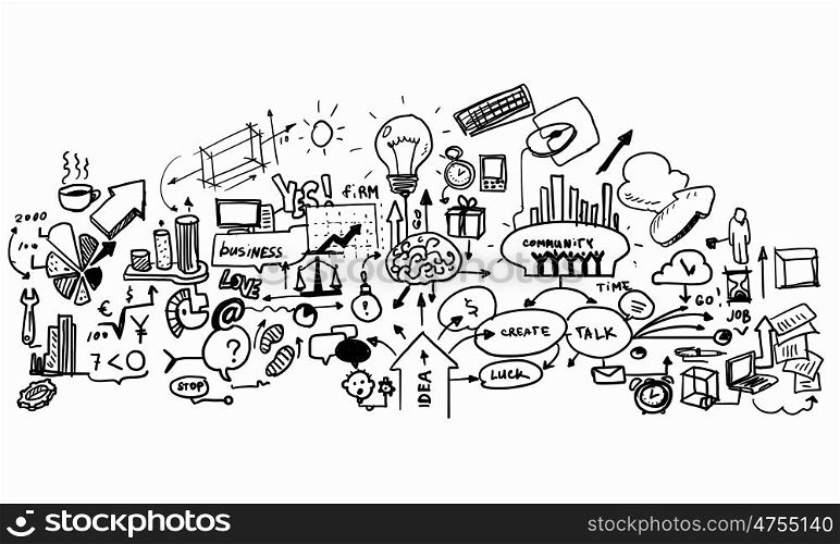 Ideas sketch. Background image with business sketches on white backdrop